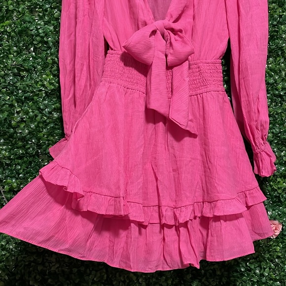 Flirty Pink Ruffled Long Sleeved Bowtie Front Dress - Picture 5 of 5